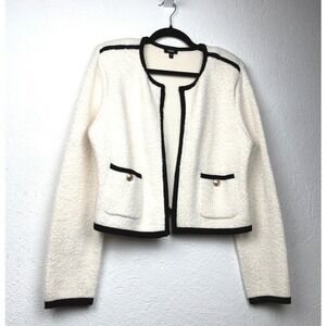 Express Ivory Black Trim Cardigan Sweater Large Gold Button Pocket Professional